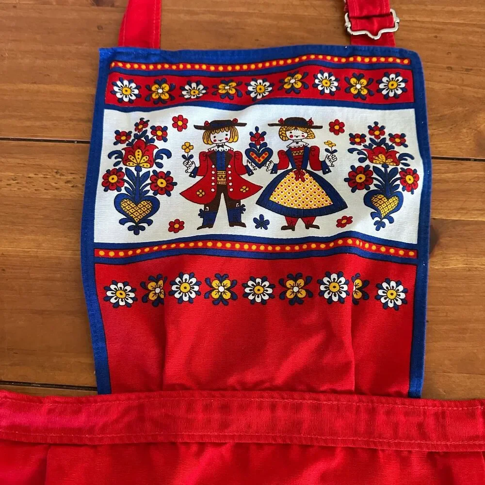 Vintage Kolf Austria Folk Art Kitchen 2 Pc Set Red Blue Bib Apron & Table Square